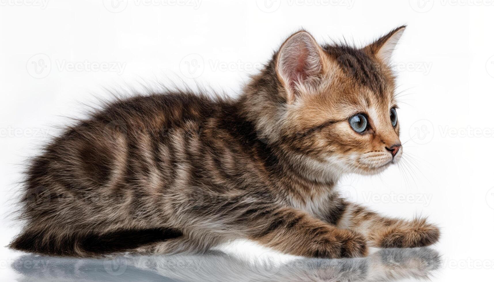 Playful Kitten Posing Sideways Against a Clean White Backdrop, Capturing its Soft Textures and Expressive Eyes in High Contrast, Perfect for Digital Art or Home Decor. photo