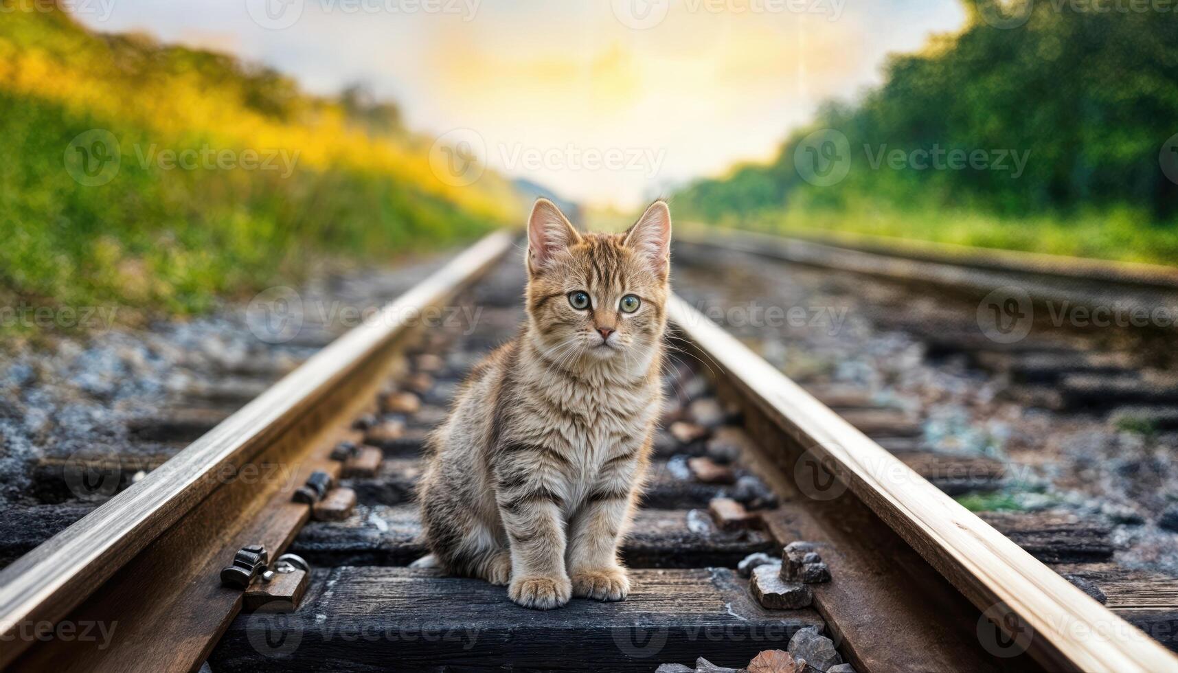 Kitten on Railway Tracks Playful Feline in Contrasting Grayscale and Bright Poppy Field, Capturing a Delicate Moment of Whimsy and Wild Beauty. photo