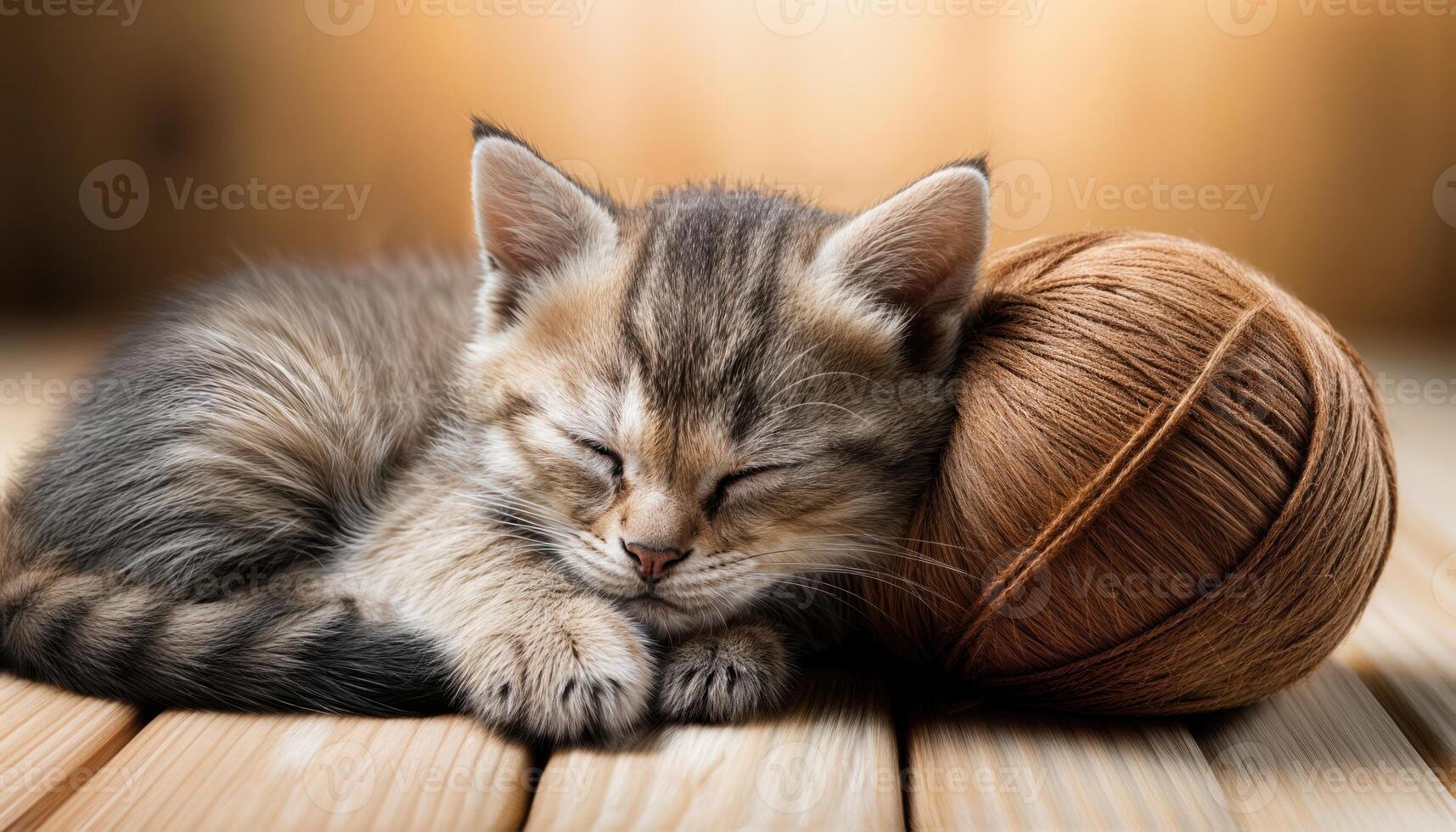 Kitten in Blissful Slumber, Cradling a Cozy Ball of Yarn A Heartwarming Scene Exuding Tranquility and Softness with a Touch of Playfulness. photo