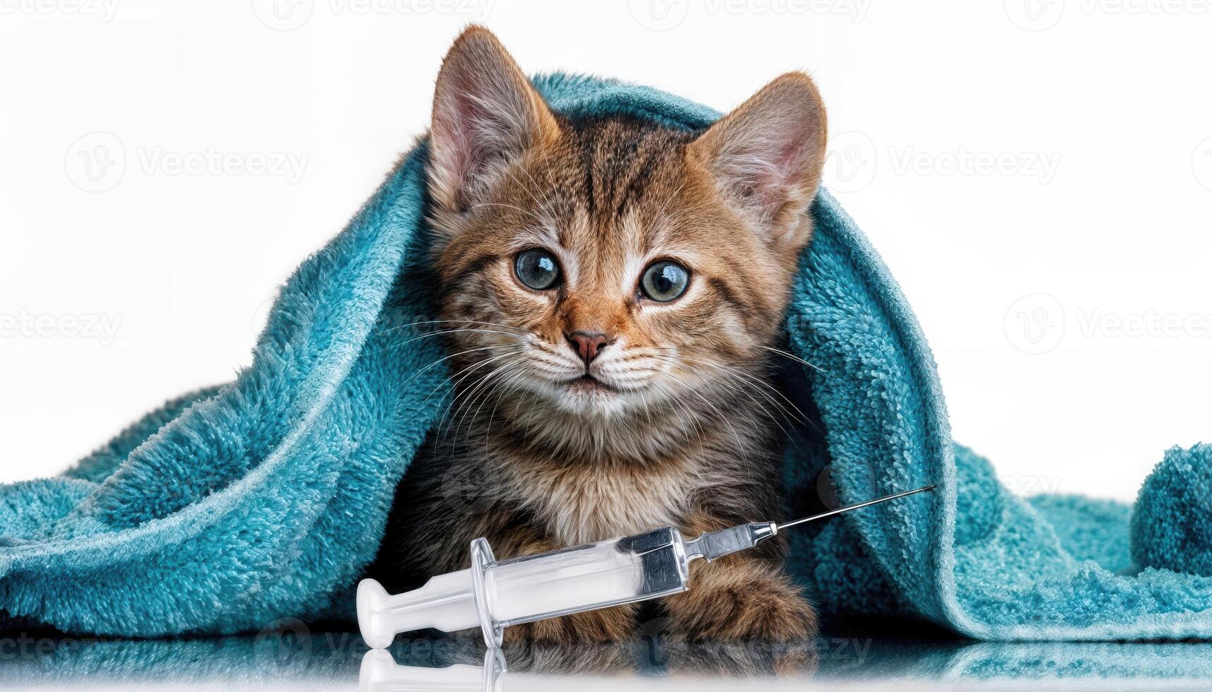 Kitten Wrapped in a Towel Drinking Medicine from a Syringe A Heartwarming Scene of Care and Compassion, Featuring Soft Textures and Neutral Colors. photo