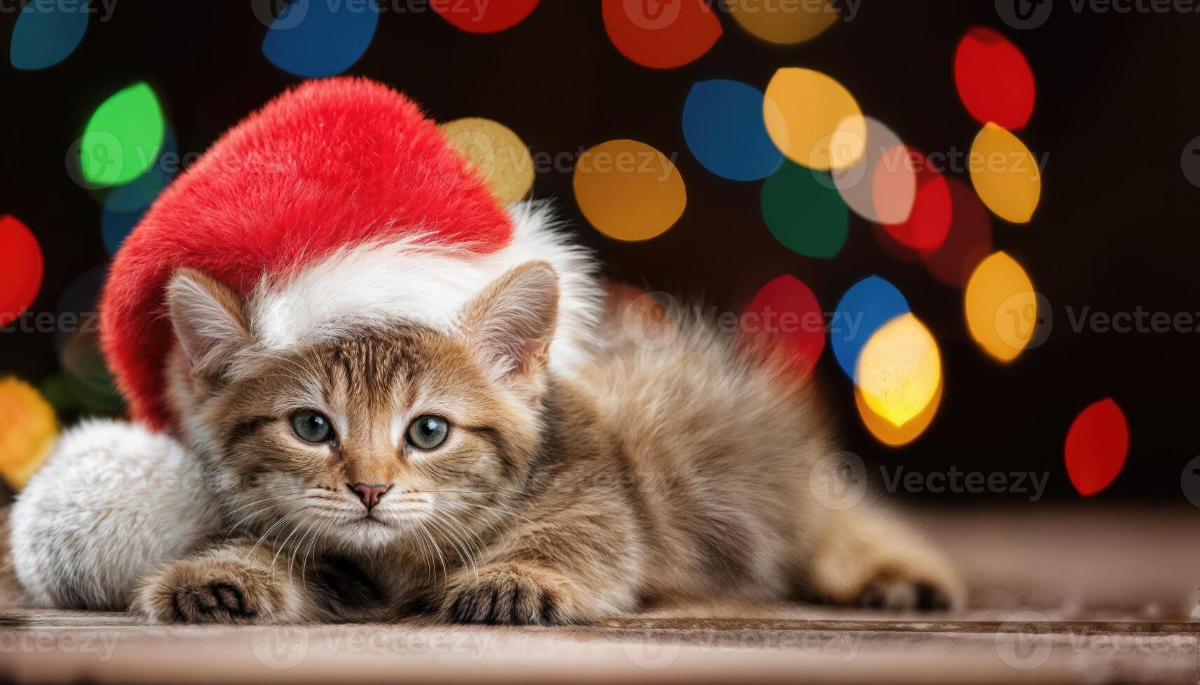 Adorable Kitten in Santa Hat Relaxing amidst Festive Lights and Cheerful Atmosphere, Capturing the Spirit of Joy and Delight. photo