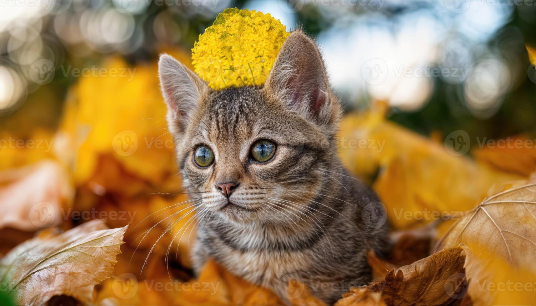 Kitten Playfully Interacting with Autumnal Leaf on Head Amongst Vibrant Foliage Scene, Capturing a Moment of Whimsy and Serenity in an Autumnal Backdrop. photo