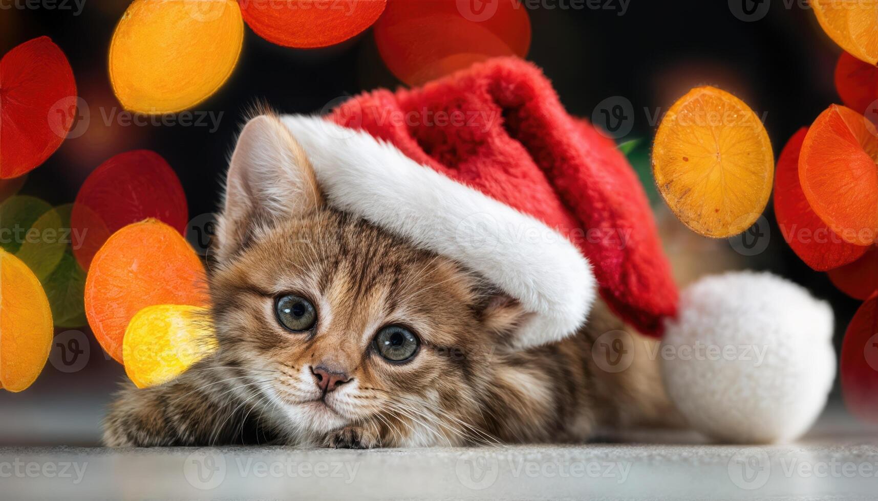 Adorable SantaHatted Kitten Nestled among Festive Lights, Cradled by Warm Holiday Ambiance with a Touch of Whimsy and Magic photo