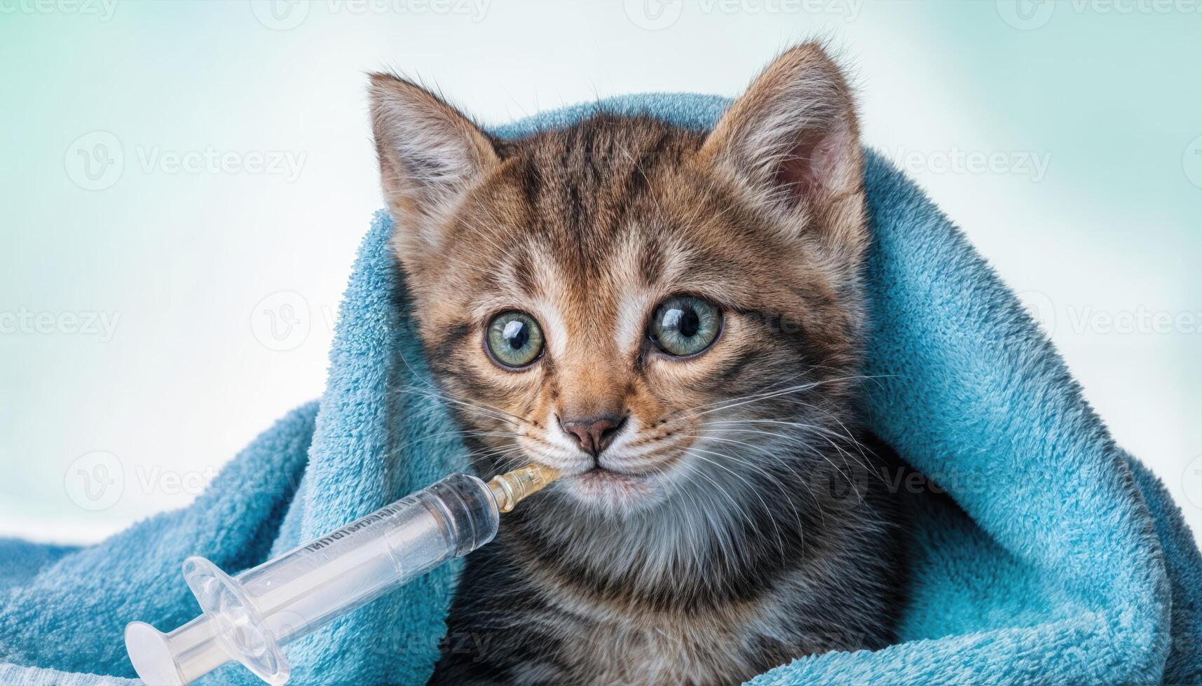 Tender Kitten Wrapped in a Cozy Towel Drinks Medicine with Care, Adorable Scene Radiating Compassion and Tranquility in a Warm, Comforting Environment. photo