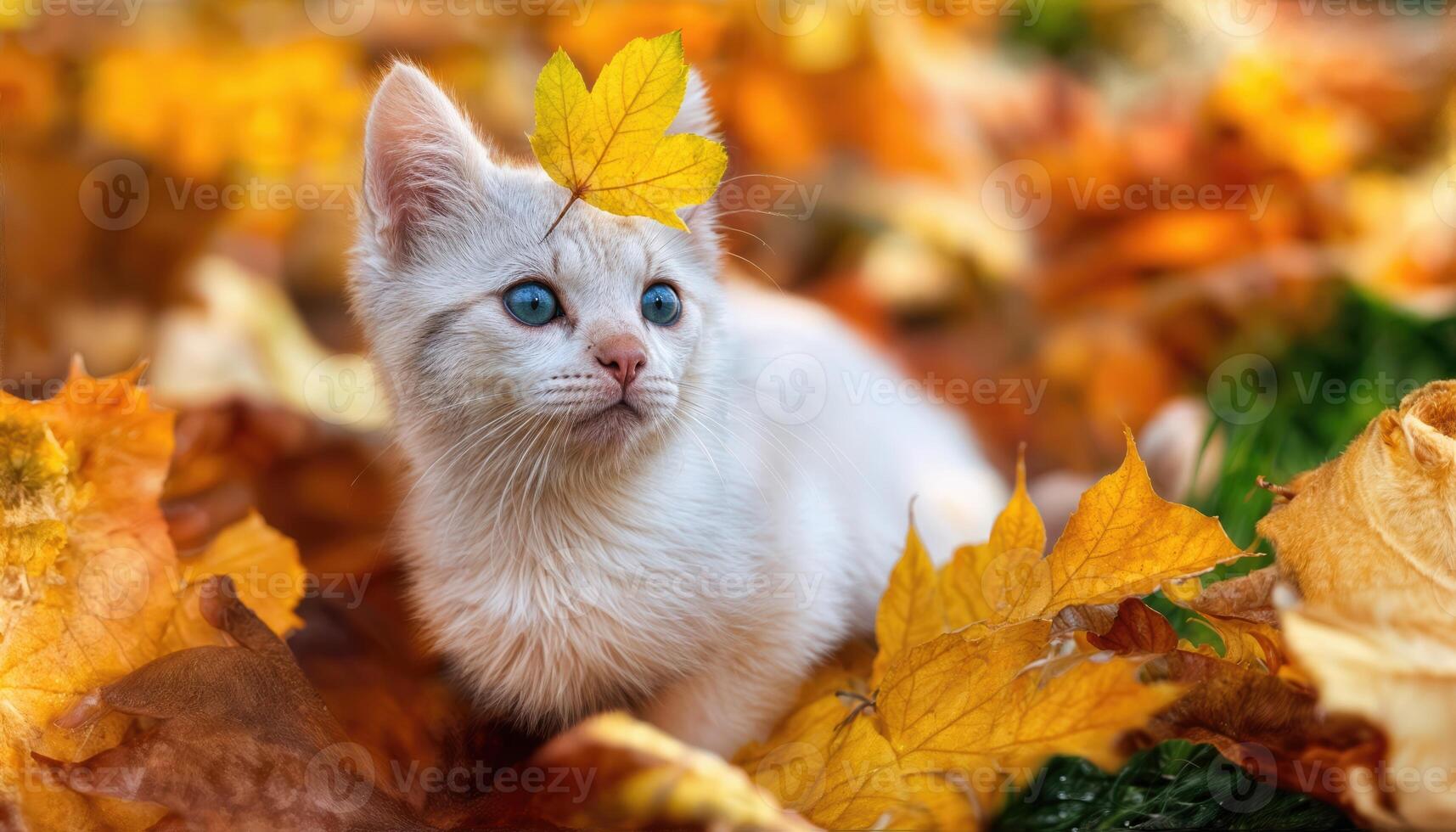 Kitten Playfully Perched Among Autumn Foliage, Wearing a Yellow Leaf as a Headband Against a Backdrop of Fall Colors, Expressing Serene Tranquility and Whimsy. photo