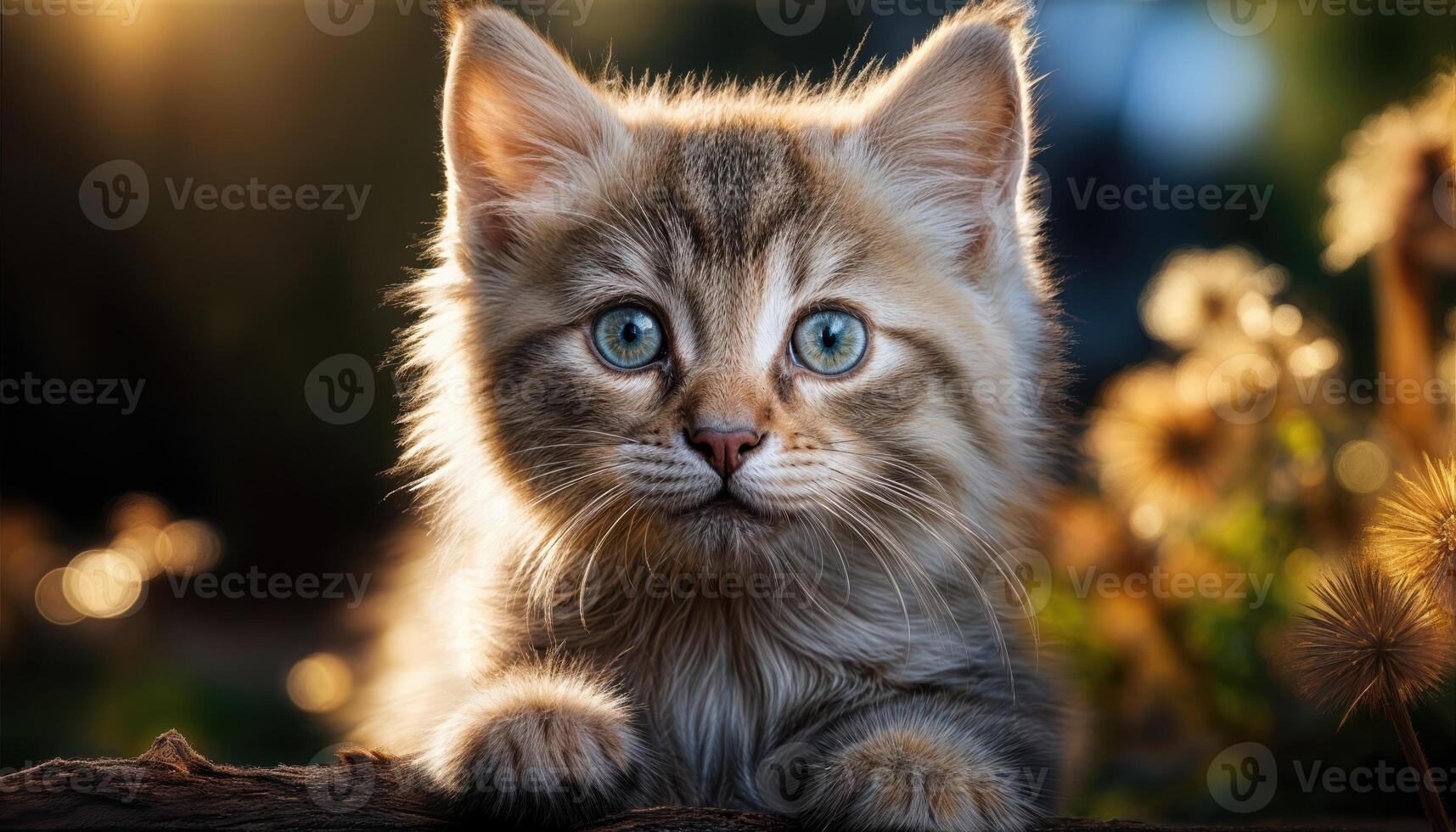 Playful Kitten Frolicking Amongst a Sea of Daisies in a Blossoming Meadow under the Bright, Warm Sunlight, Capturing Joy and Spontaneity. photo