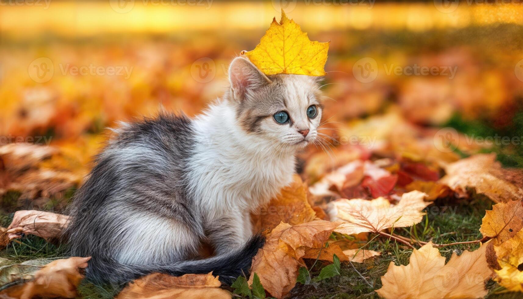Playful Kitten Amidst Autumn Foliage, Yellow Leaf Perched on Head, Captured in a Moment of Whimsical Serenity among Gilded Fall Landscape photo