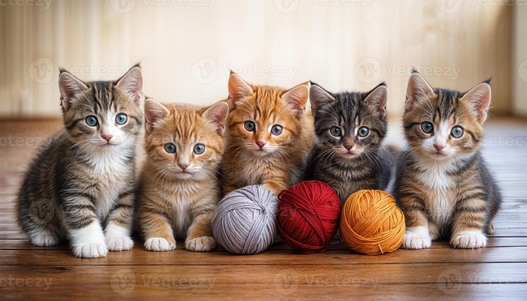 Charming Kittens Playfully Interacting with Colorful Yarn Balls, Warm Hues of Orange, Gray, and Tabby Fur in a Comfortable Home Setting, Capturing the Joyous Mood of Five Furry Friends. photo