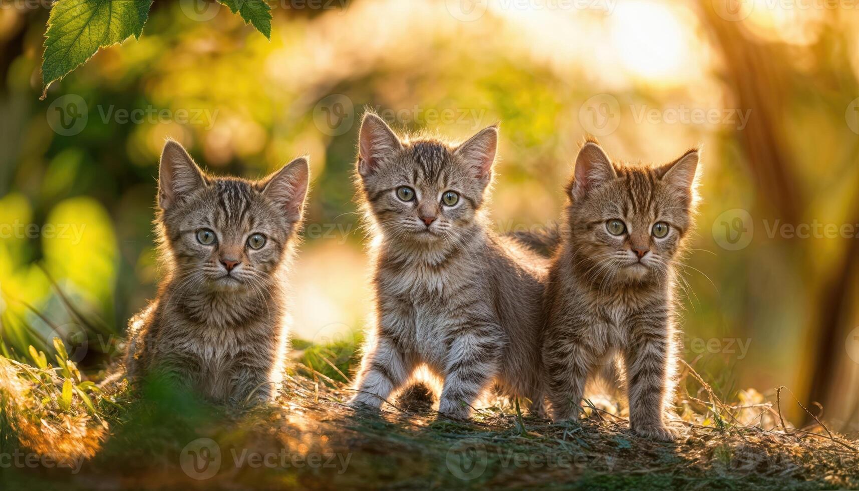 Adorable Kittens Frolicking Outdoors in Natural Light Playful Felines Basking in the Sun amidst Lush Greenery and Dappled Shadows, Capturing Joyful Vibrancy. photo