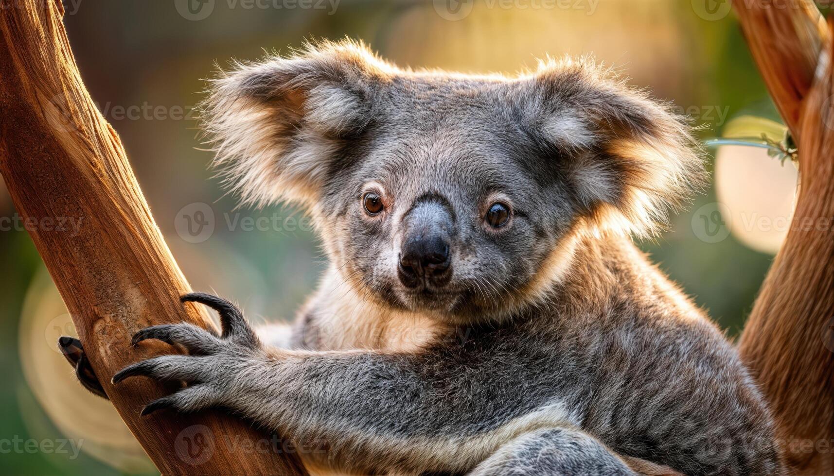 Wild Australian Koala Caught in Intimate Moment on Tree Branch, Showcasing Soft Fur Textures and Gentle Expressions under the Dappled Canopy of an Ancient Eucalyptus Grove photo