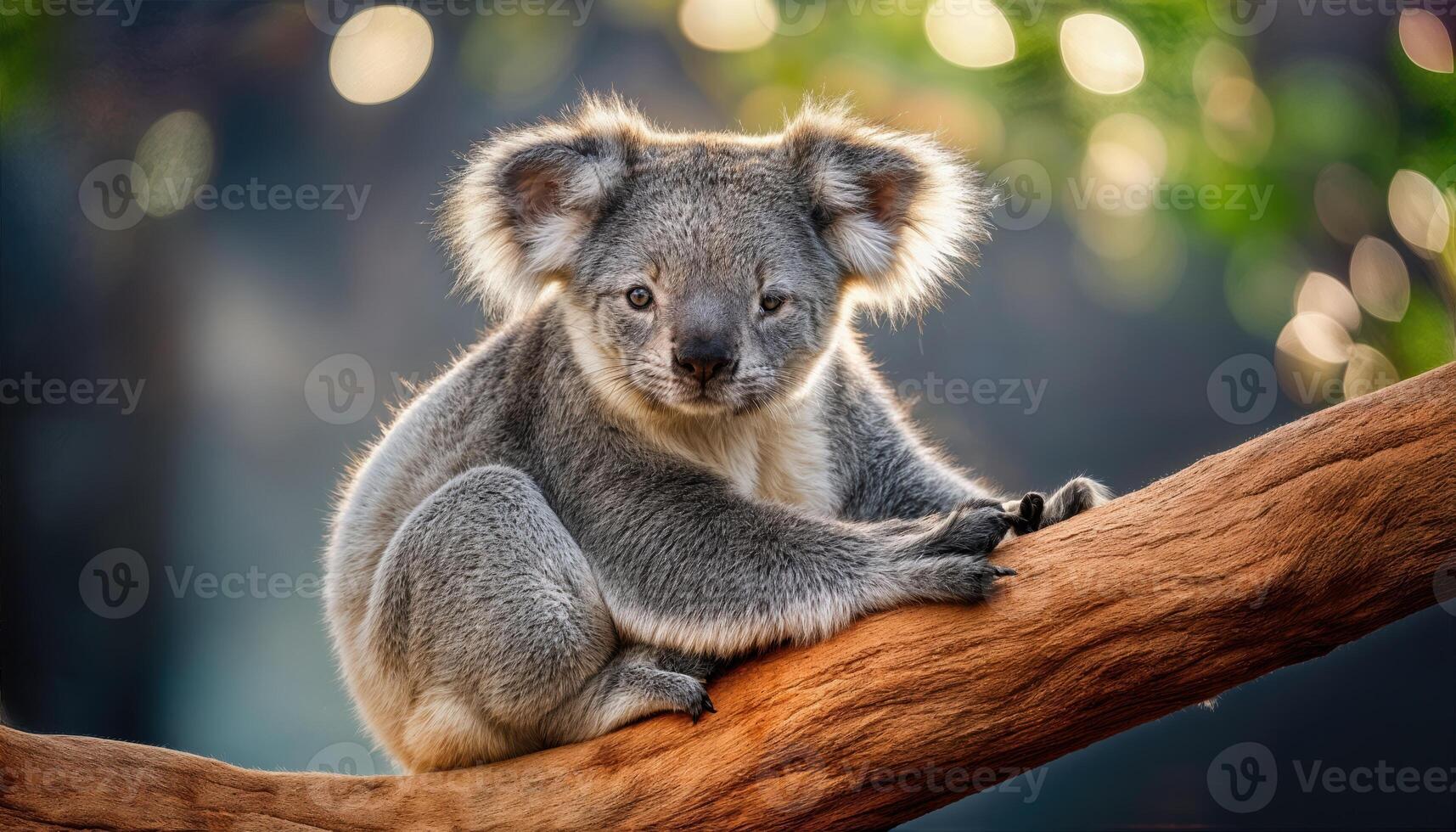 Koala Perched on Tree Branch, Captivating Moment of a Quiet Observation in Australian Rainforest, with Soft Fur Textures and Emerald Leaves Surrounding the Cute Mammal at Dusk. photo