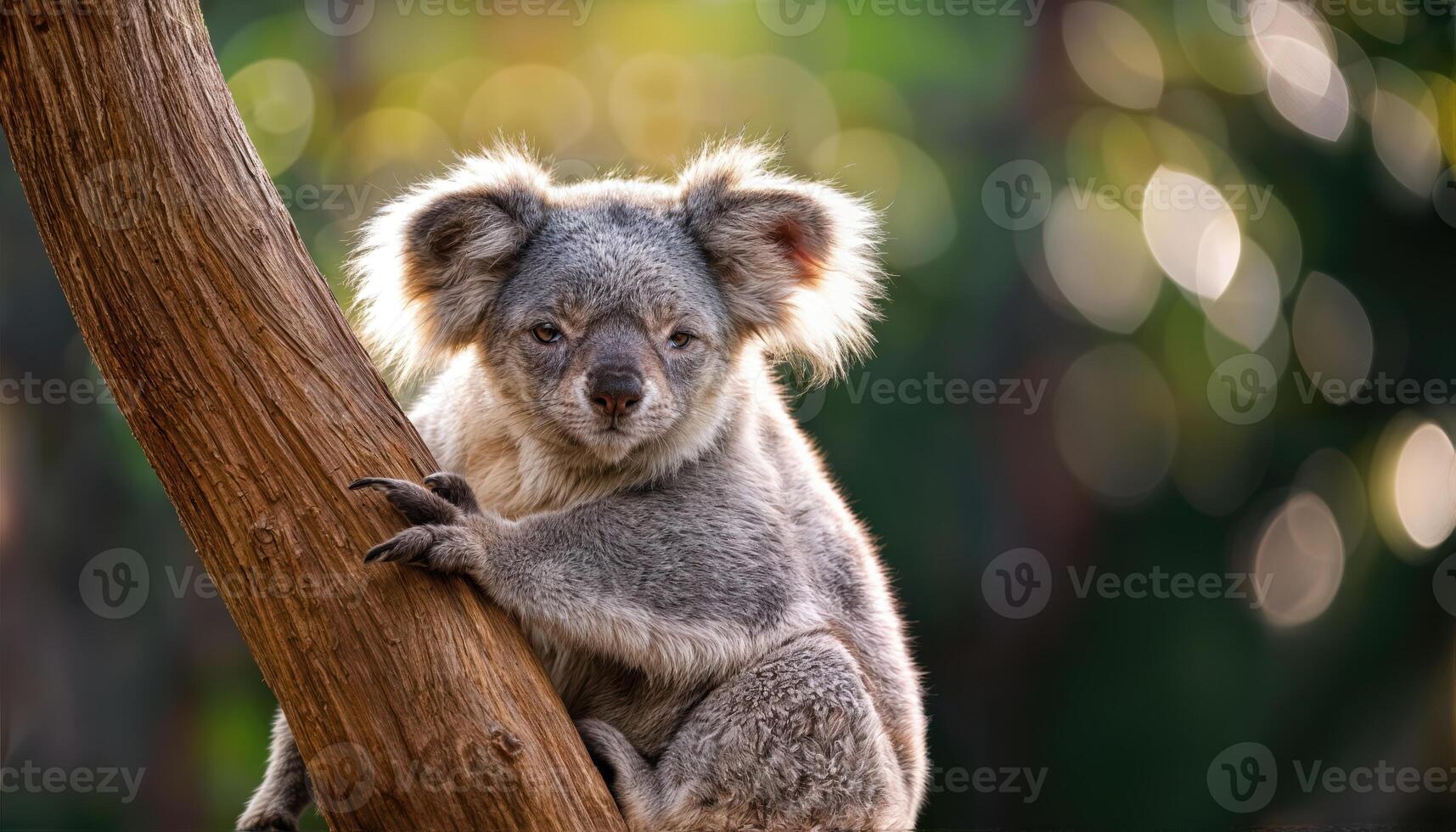 Koala Phascolarctos cinereus Perched on Tree Branch, Capturing Serene Tranquility and Wild Australian Beauty as it Gazes Down with Curious Eyes in a Stunning Sunset Environment photo