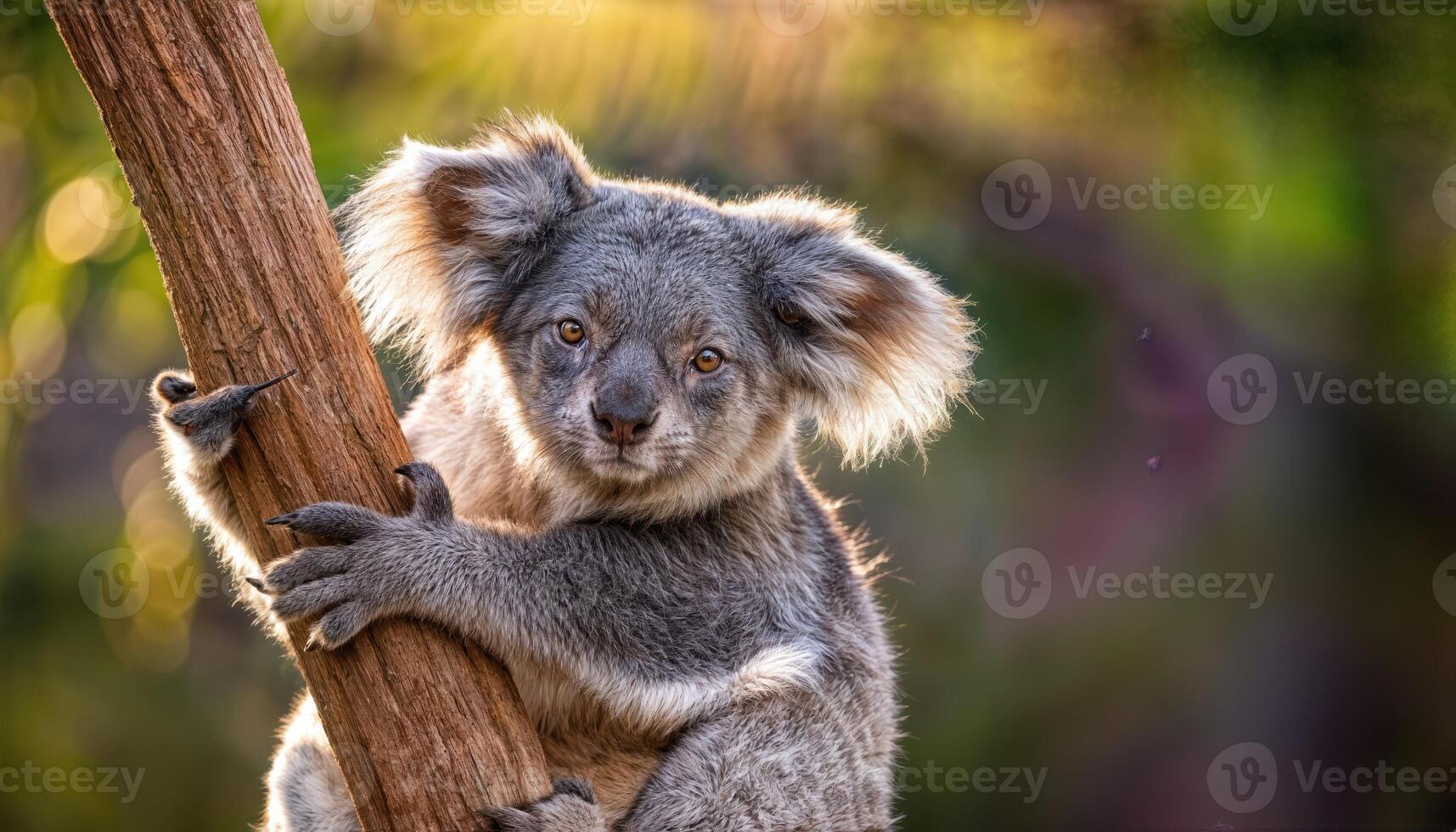 Koala Phascolarctos cinereus Perched on Tree Branch, Capturing Serene Curiosity amidst Australian Rainforest Canopy in Early Morning Light photo