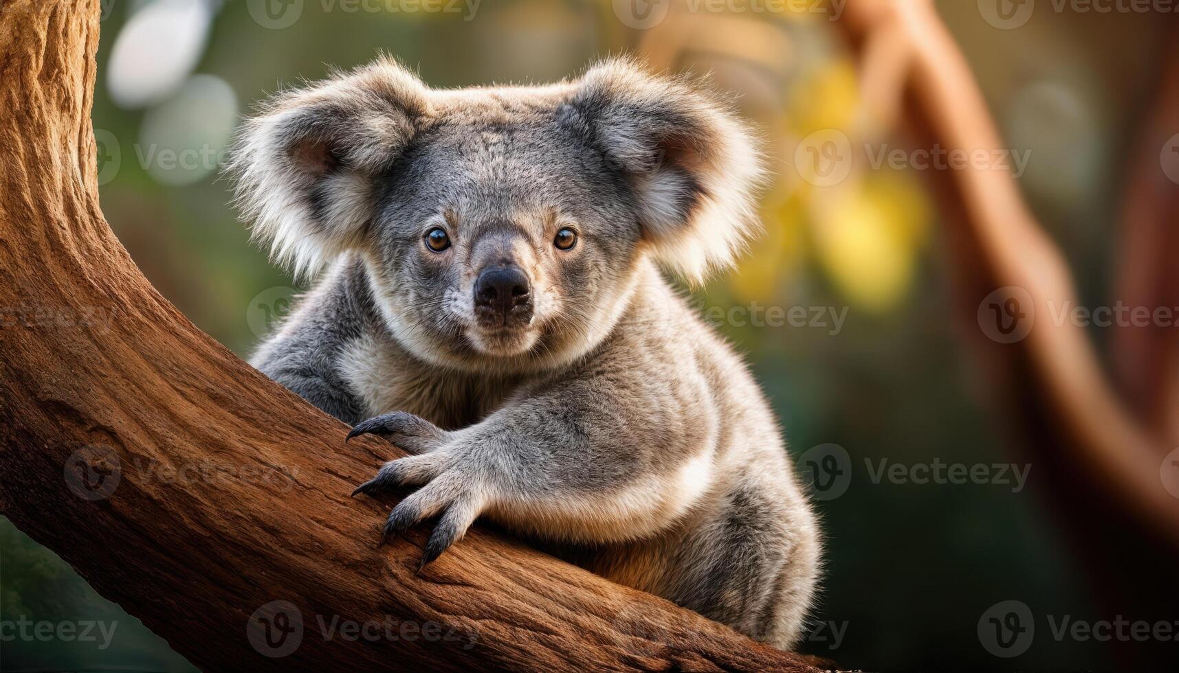 Koala Phascolarctos cinereus Perched on Tree Branch in Serene Australian Rainforest, Capturing a Moment of Introspection and Tranquility photo