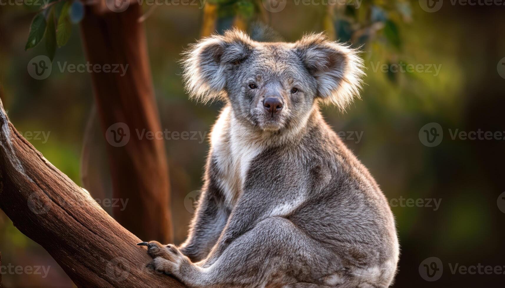 Enchanting Portrait of a Koala Amidst the Australian Outback, Captured in Striking Detail with Warm Brown Tones and a Sense of Serenity. photo