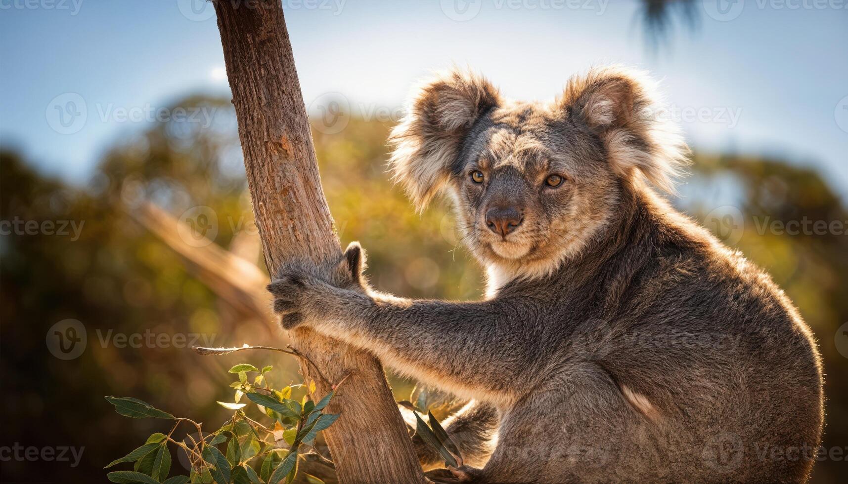 Koala in the Wild A Serene Moment in the Australian Outback at Sunset, Capturing the Playful Grace of a Koala Amidst Rich Rust and Green Hues photo