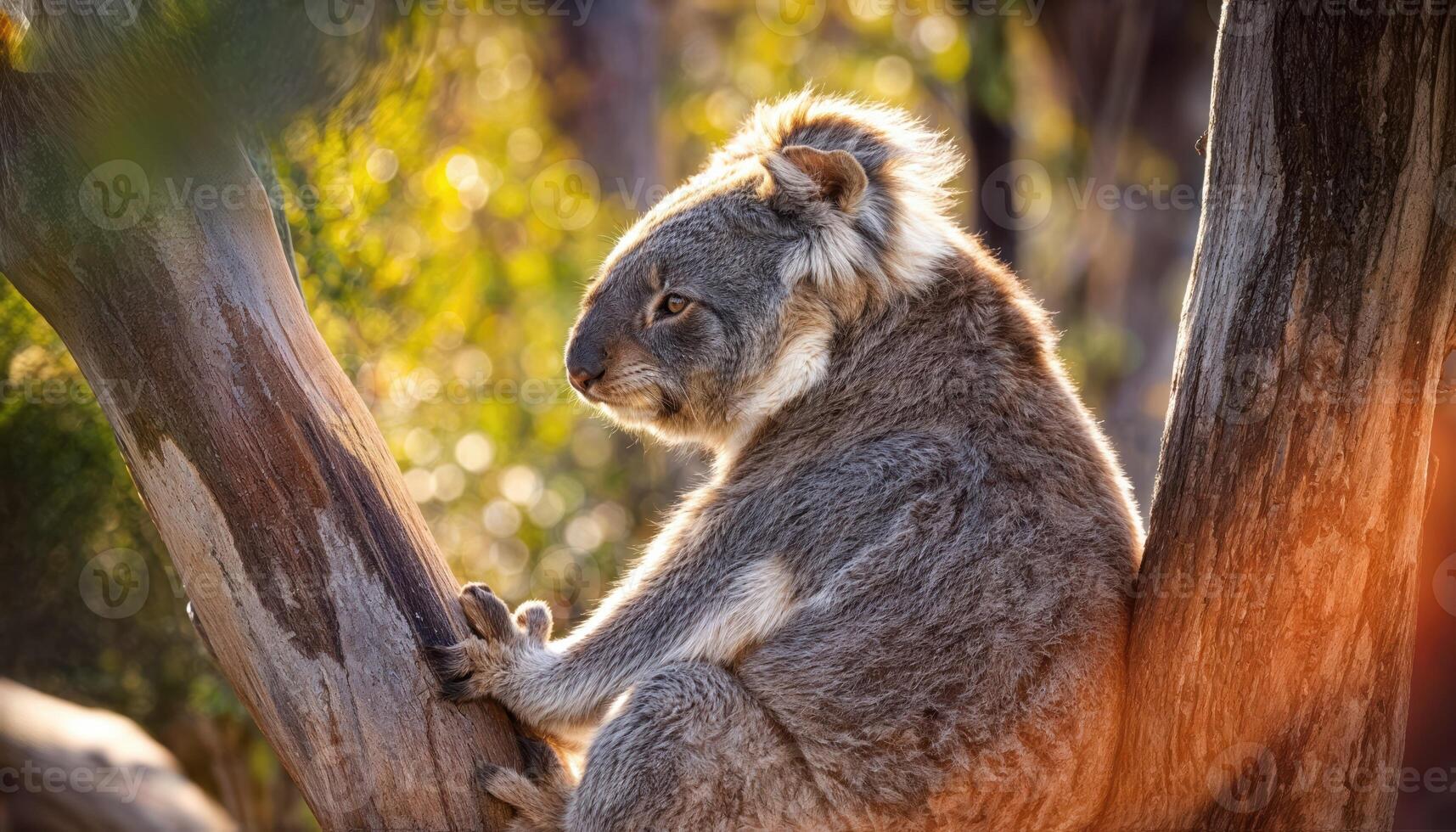 Enchanting Encounter Wild Australian Koala in Sunset Savannah, Striking a Graceful Pose Amidst Golden Grasses, Capturing the Serenity of an Unforgettable Safari Moment. photo