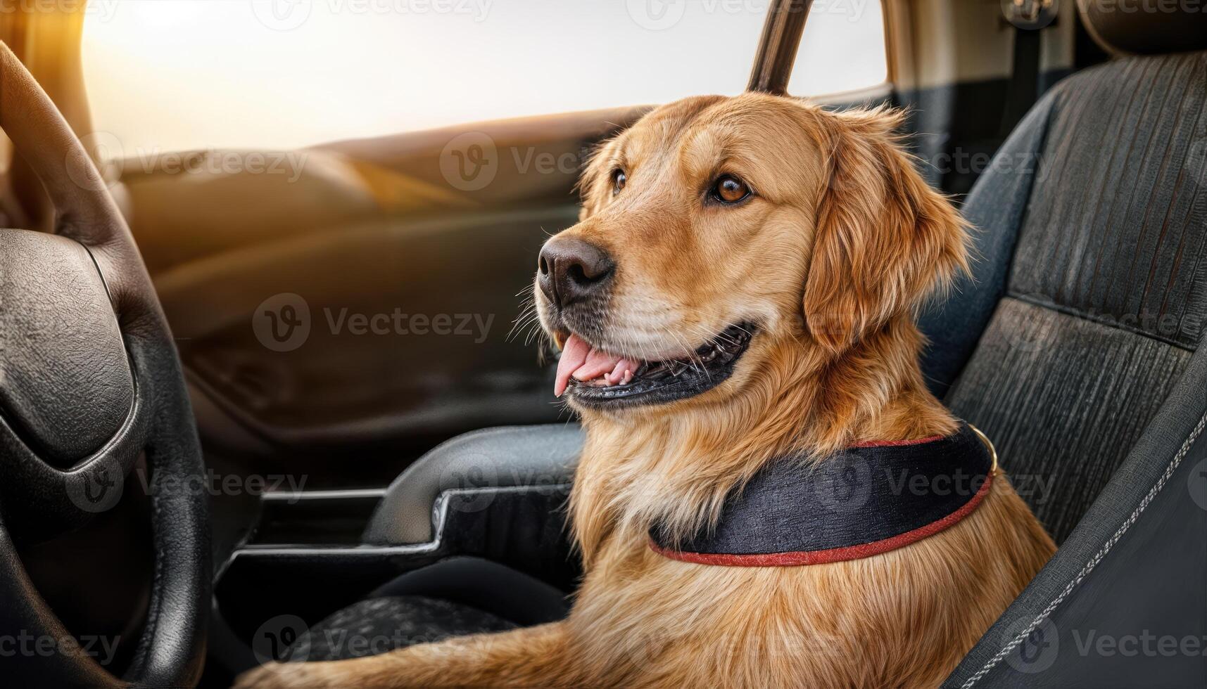 Golden Retriever Sitting Safely in a Car with Seat Belt or Harness at Dusk A Moment of Calm and Comfort Amidst the Fading Light photo