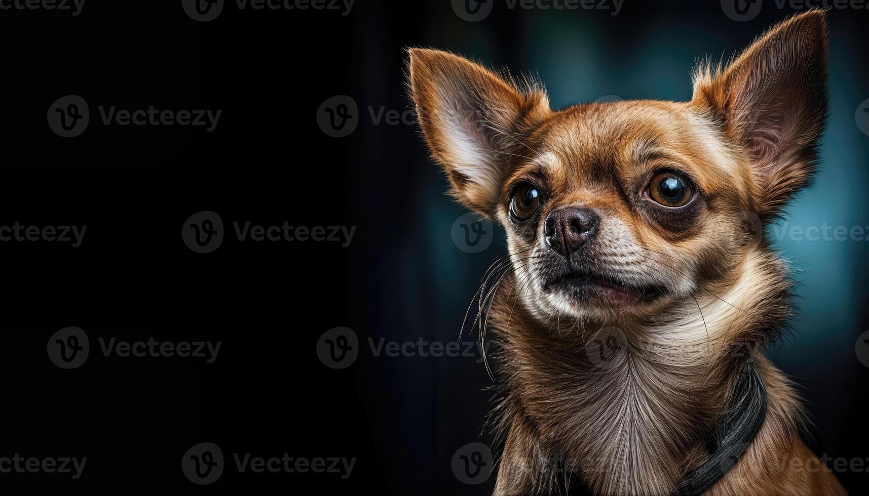 Striking Chihuahua Portrait Against a Vibrant, Eclectic Backdrop Capturing the Playful Energy of a Modern Living Room with Bold Colors and Textures. photo