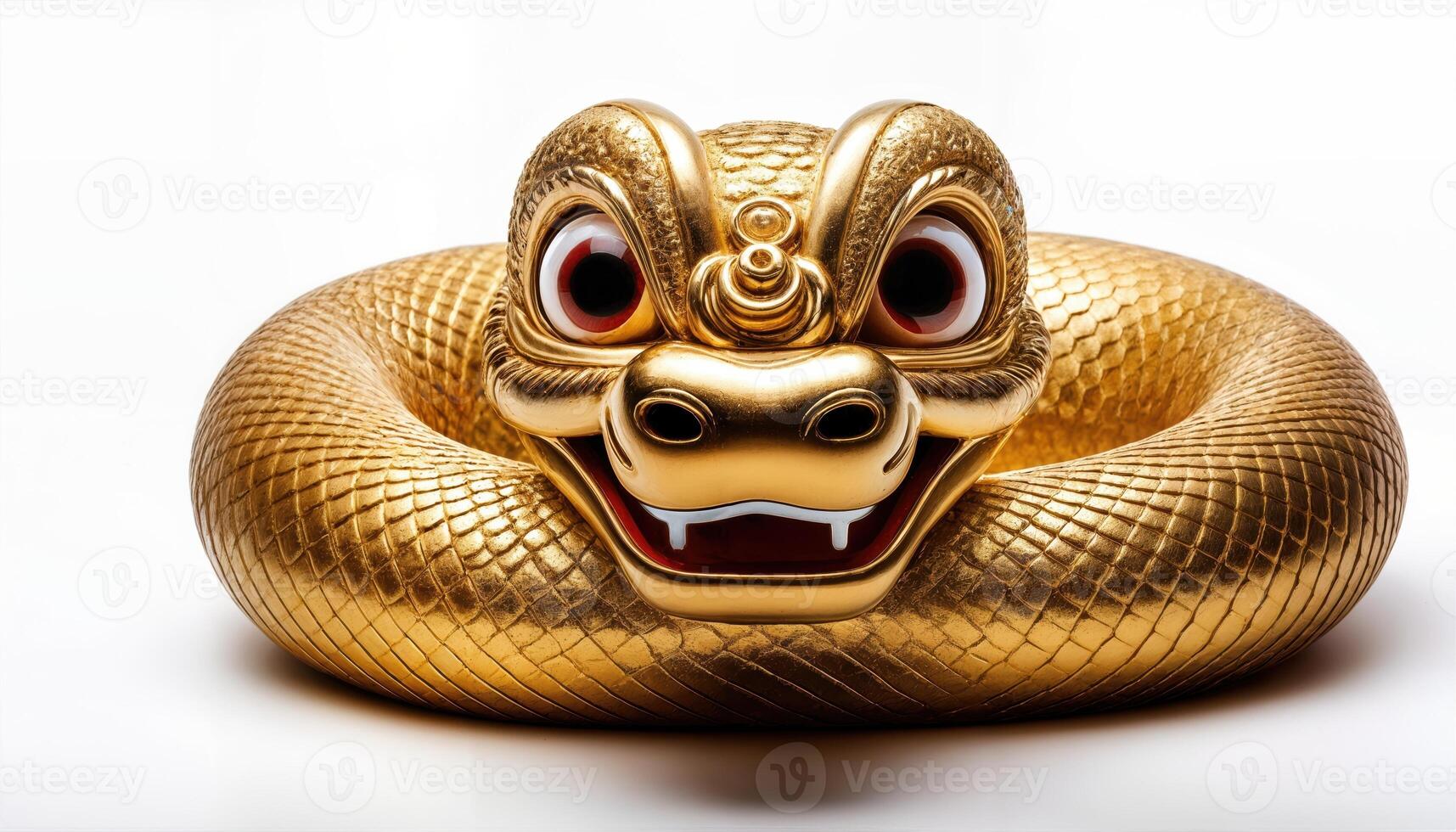 Vibrant Golden Snake Figure with Large Eyes and Smiling Expression for Lunar New Year, Illuminated against a Transparent Background, Perfect for Digital Art, Home Decor, or Design Inspiration. photo