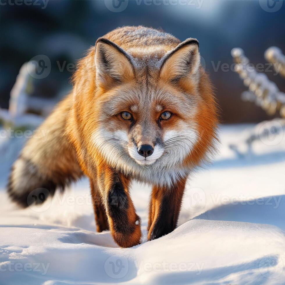 Venturing Through the Winter Wonderland A Regal Red Fox Leaves its Mark on Fresh Pristine Snow, Amidst the Tranquil Beauty of an Enchanted Forest. photo