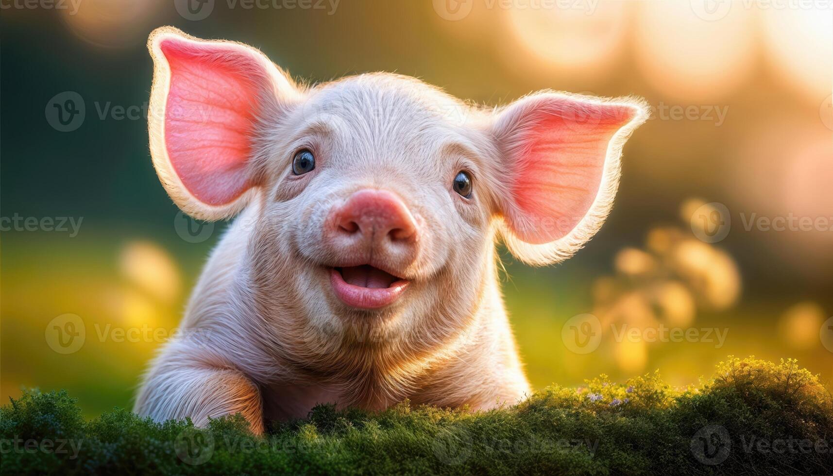 Adorable Pink Baby Piglets Smiling in Isolated Blurred Background Vibrant Cute Illustration of Pink Pigs Radiating Joy and Playfulness photo