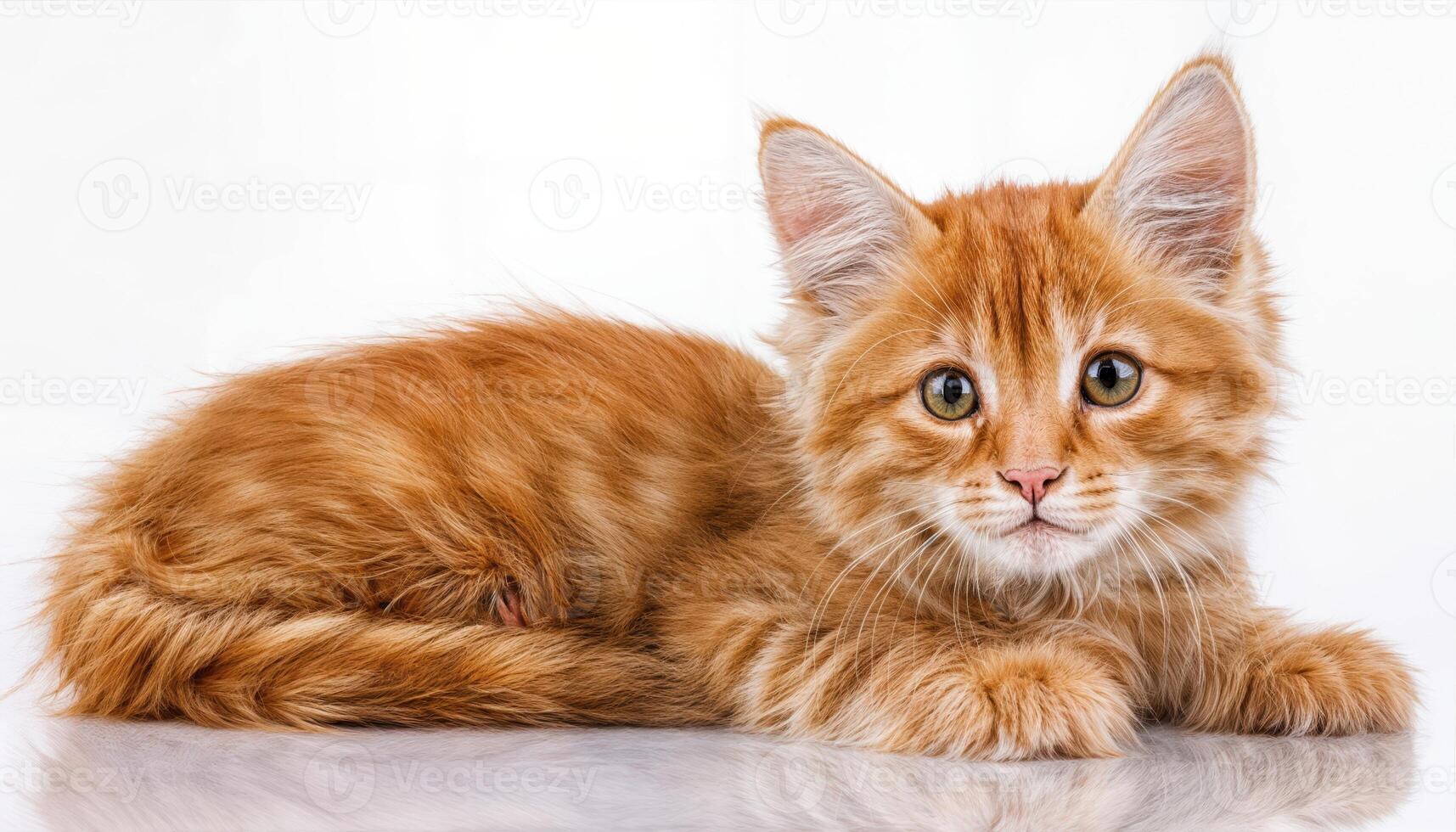 Playful Ginger Kitten on White Background Adorable Ball of Energy with Soft Fur and Vibrant Amber Eyes Catching the Viewers Attention, Perfect for Digital Art, Home Decor, or Design Inspiration. photo
