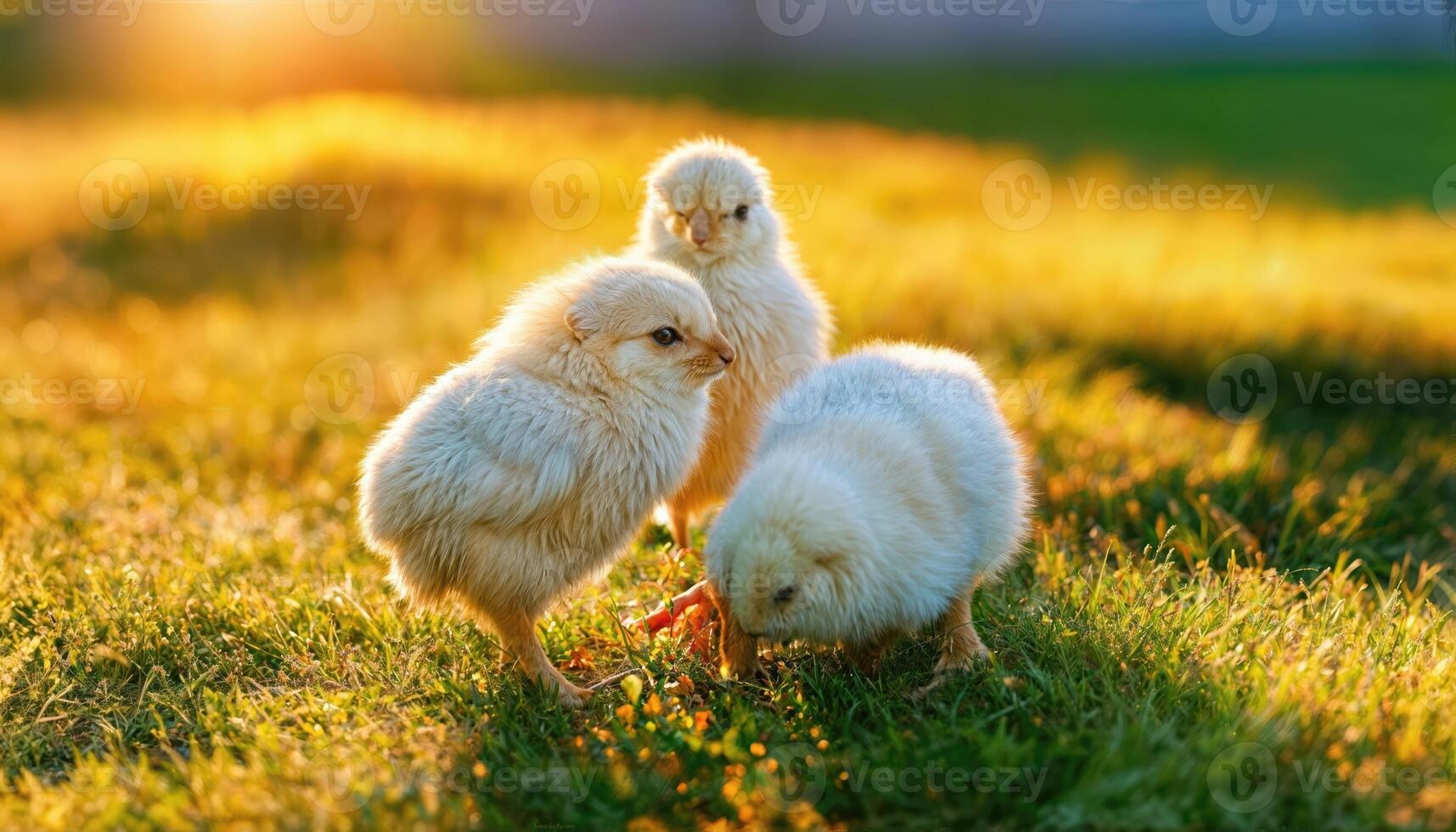 Vibrant Chicks Amidst a Blanket of Sunlit Yellow Grass A Bountiful Scene of Spring in High Detail, Offering a Tranquil and Nurturing Atmosphere for All to Admire. photo