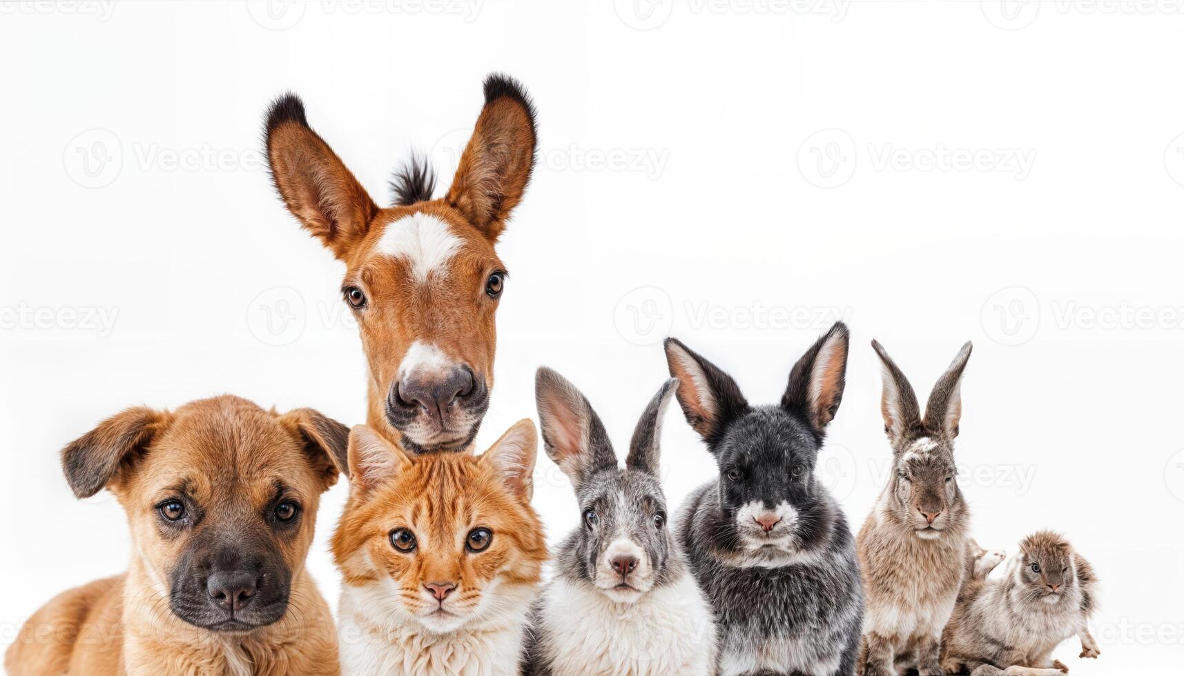 Group of Cute and Funny Farm Animals on a White Background Adorable Critters Posing Playfully with Vibrant Expressions in an Isolated Setting, Perfect for Digital Art, Home Decor, or Design photo