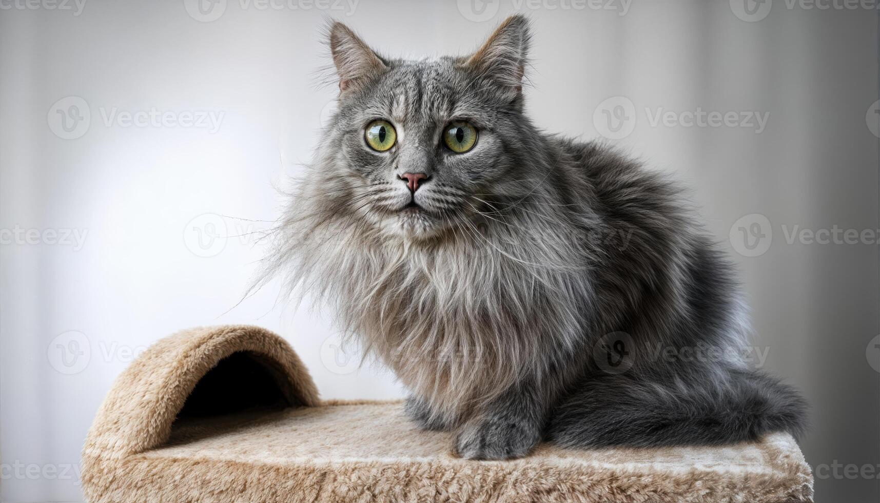 Gray Longhair Chantilly Tiffany Cat Sitting on a Cat Tower House A Regal Feline Overlooking Its Territory with Sophisticated Elegance and Calm Grace. photo