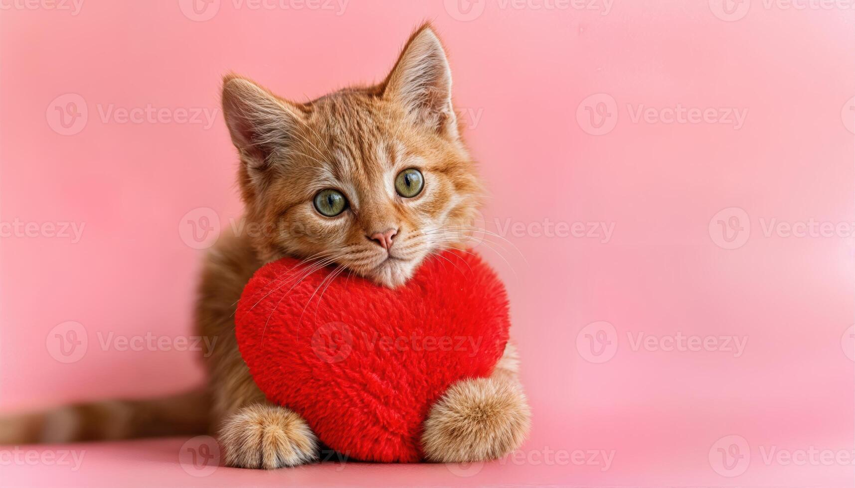 Adorable Ginger Kitten Cuddling with Red Heart Toy on Pink Background Capturing a Cozy Valentines Day Love Concept in Soft Lighting photo