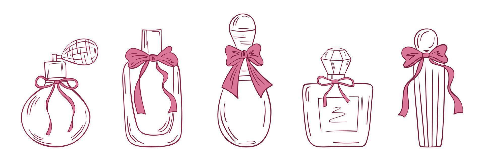 Vintage collection of perfume bottles with bows vector