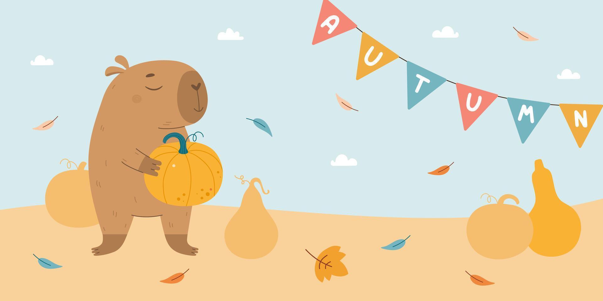 Autumn background with capybara and pumpkins vector