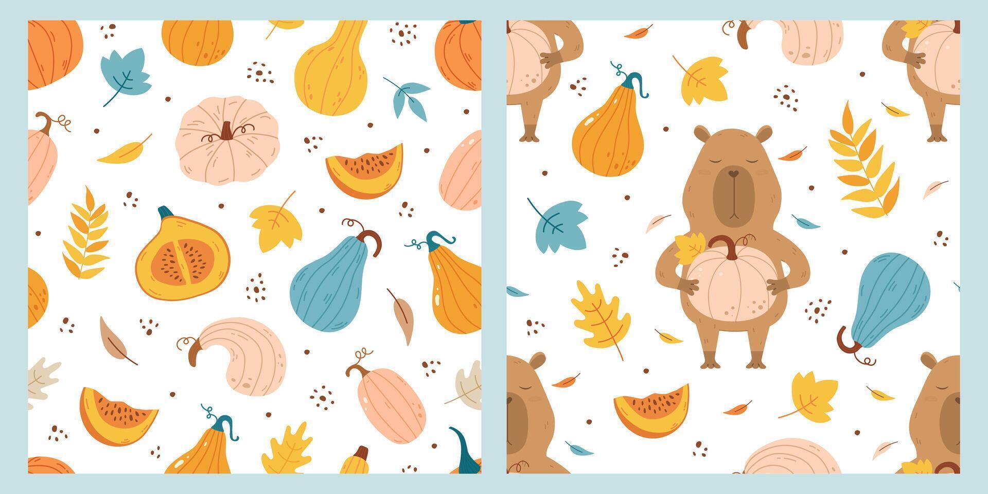 Capybara, pumpkin and leaves autumn pattern set vector