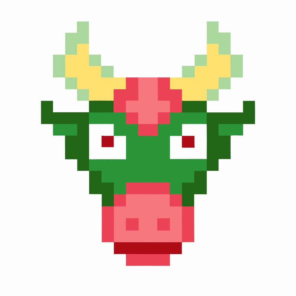 Pixelated cow head, green and red, retro style, 8 bit art vector