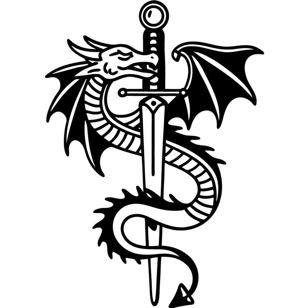 Dragon encircling sword emblem in black and white, symbol of strength, valor, and mythical power vector