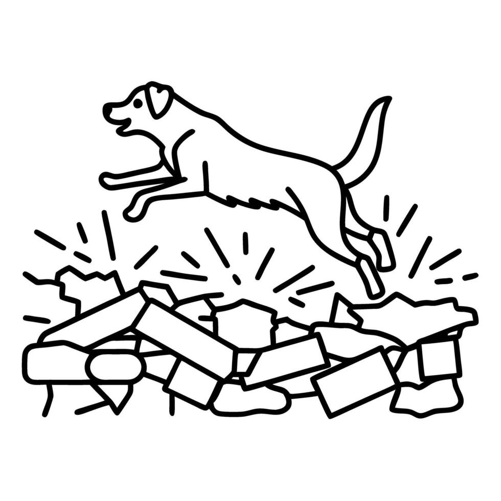 Search and rescue dog leaping over rubble disaster response, canine detection, emergency teamwork, recovery effort illustration vector