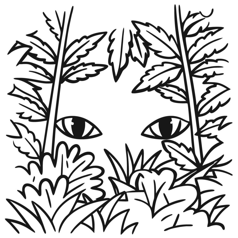 Hidden feline eyes peering through dense jungle plants camouflaged animal watching, wild predator in lush black and white foliage vector
