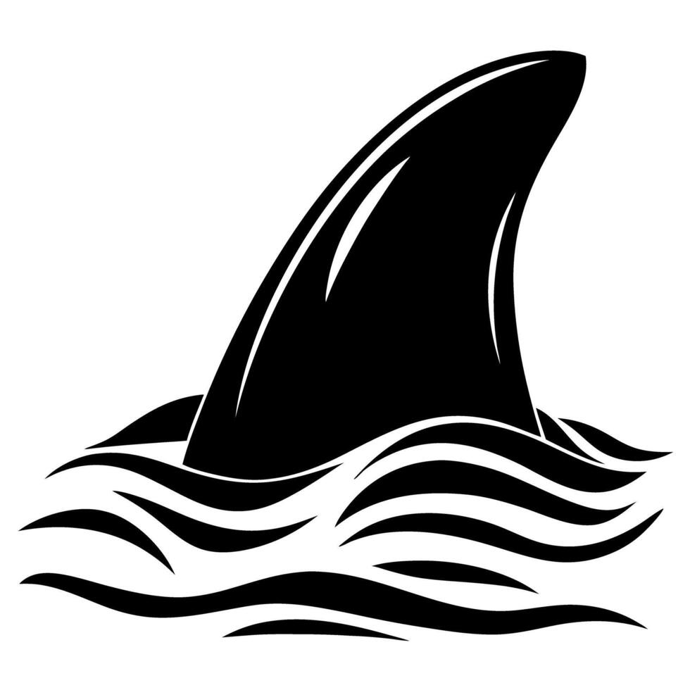 Shark fin emerges above ocean waves predatory marine animal danger symbol, sea wildlife caution concept in black illustration vector