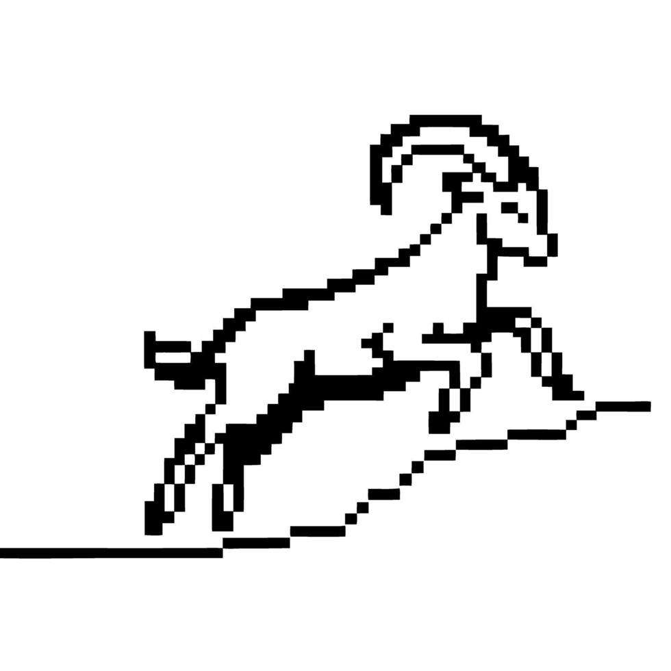 Pixel art illustration of a mountain goat leaping uphill retro stylized wildlife symbol, minimal black and white animal icon vector