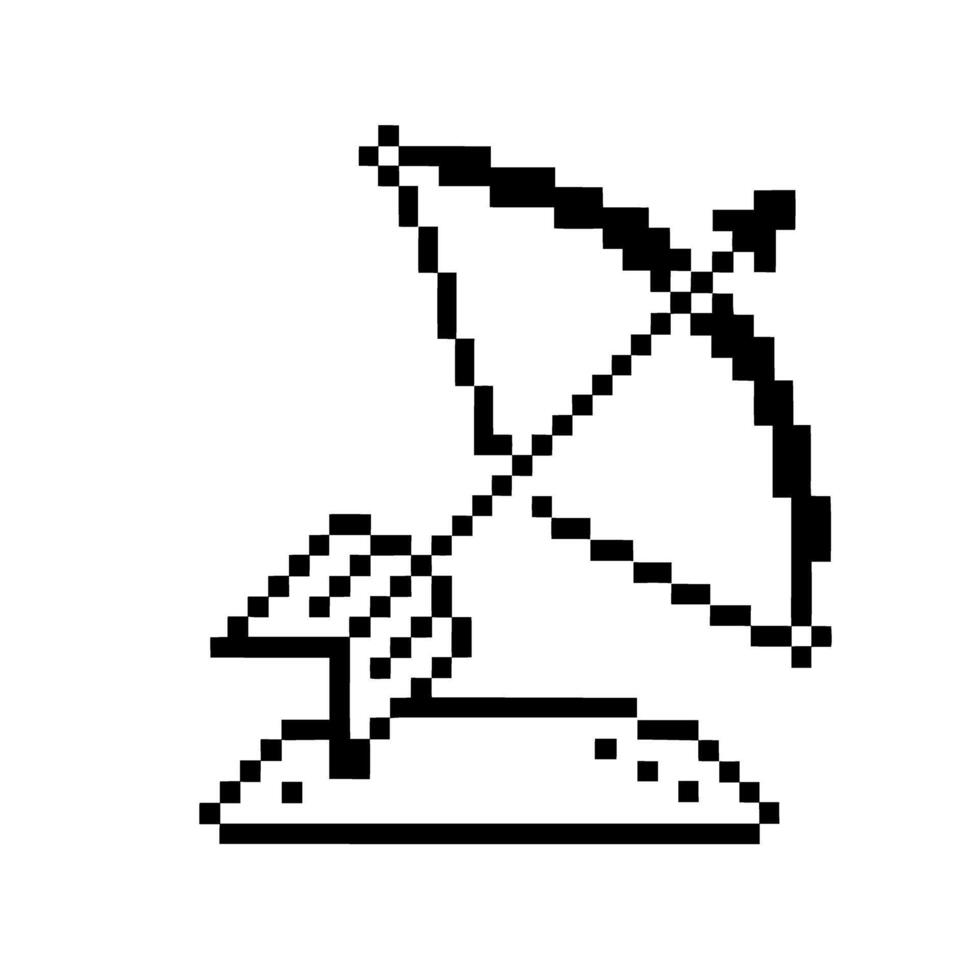 Pixelated icon of umbrella on sandy beach retro gaming style, minimalist black and white design vector