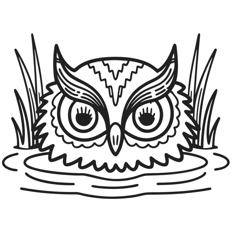 Owl peeking above water surface with tall grass intricate black and white line drawing, forest wildlife illustration vector