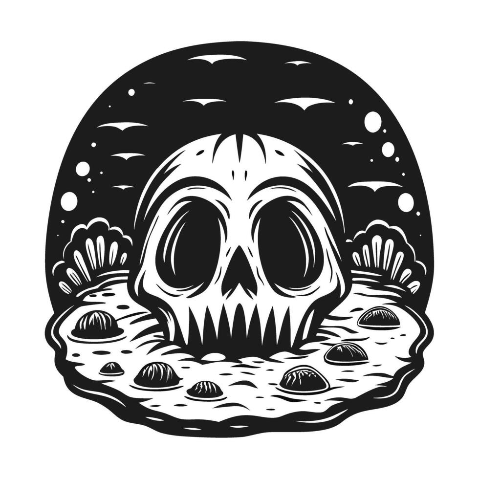 Skull illustration with clam shells and pearls, black and white fantasy art, spooky underwater surreal concept vector