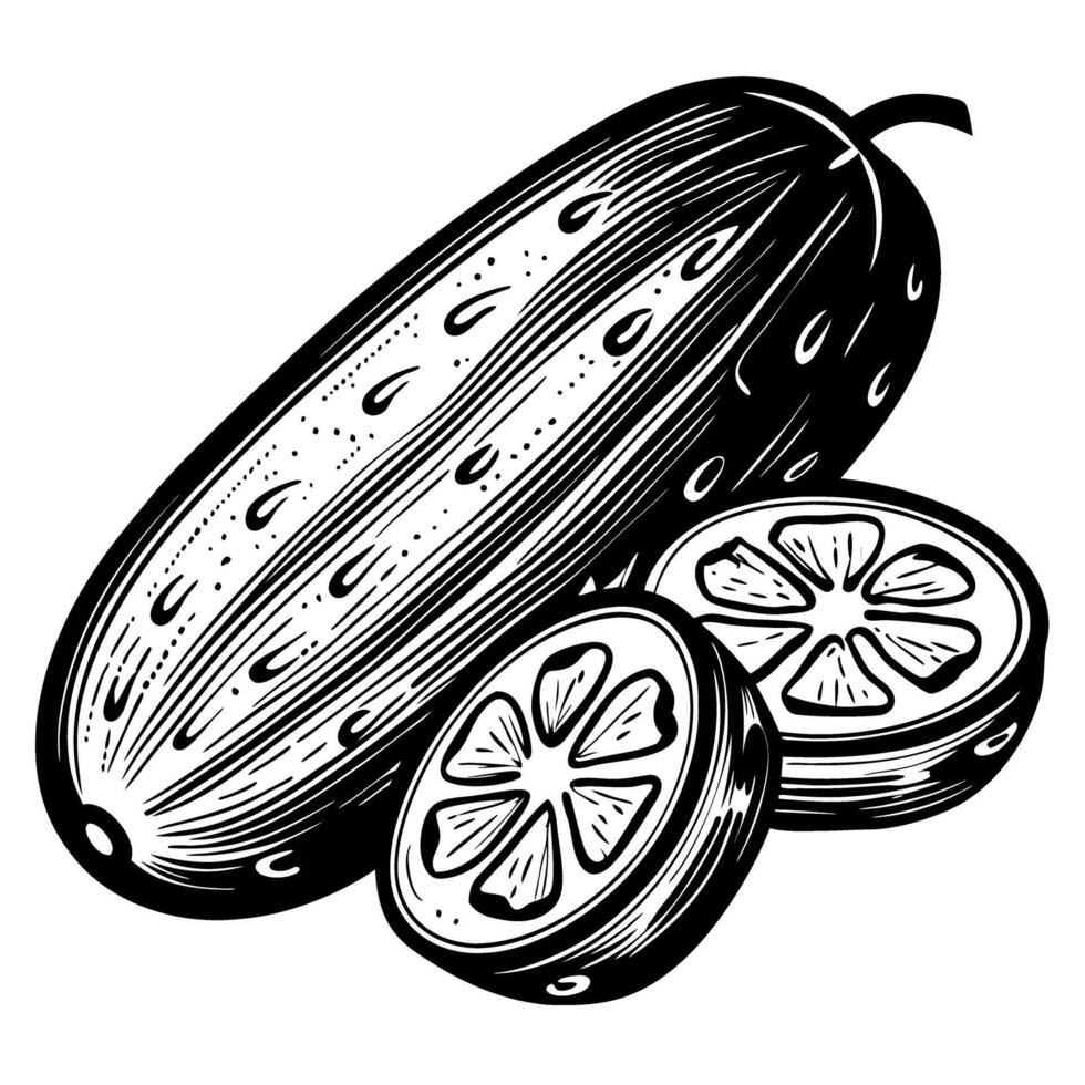 hand drawn cucumber illustration whole vegetable and slices in vintage black and white sketch vector