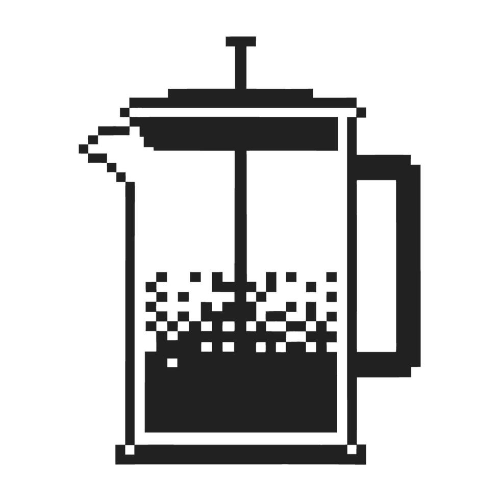 pixelated french press coffee maker illustration black and white digital art of brewing coffee, retro graphic design vector