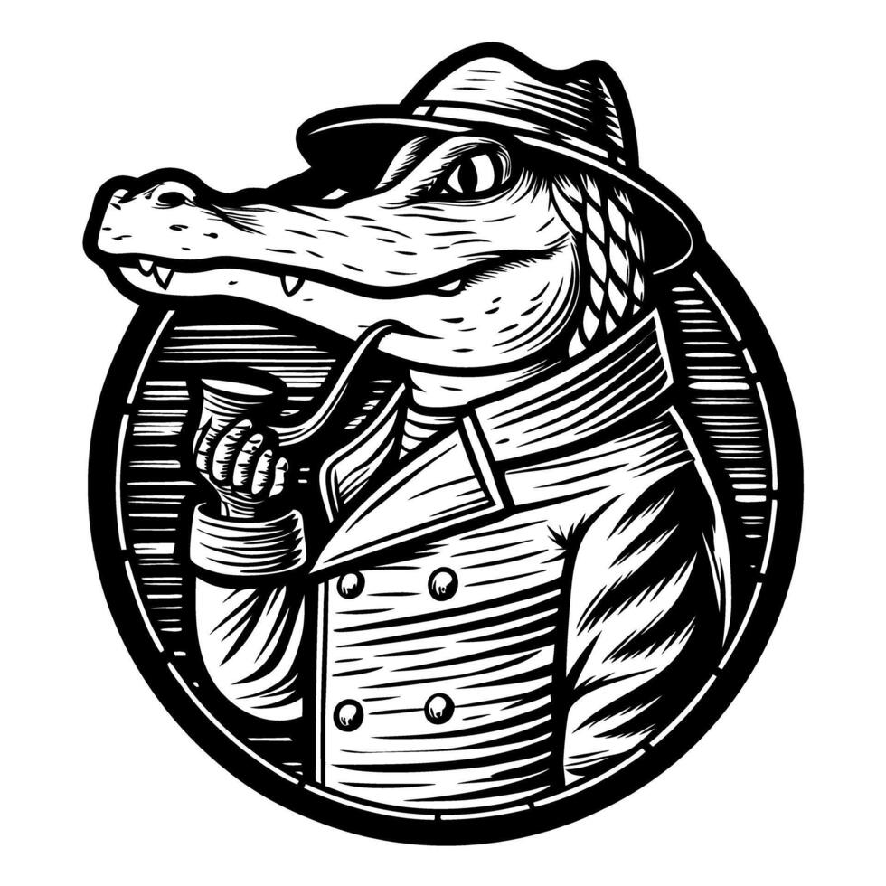 Stylized alligator detective in hat and coat, smoking pipe vintage black and white illustration, retro animal character, noir vector