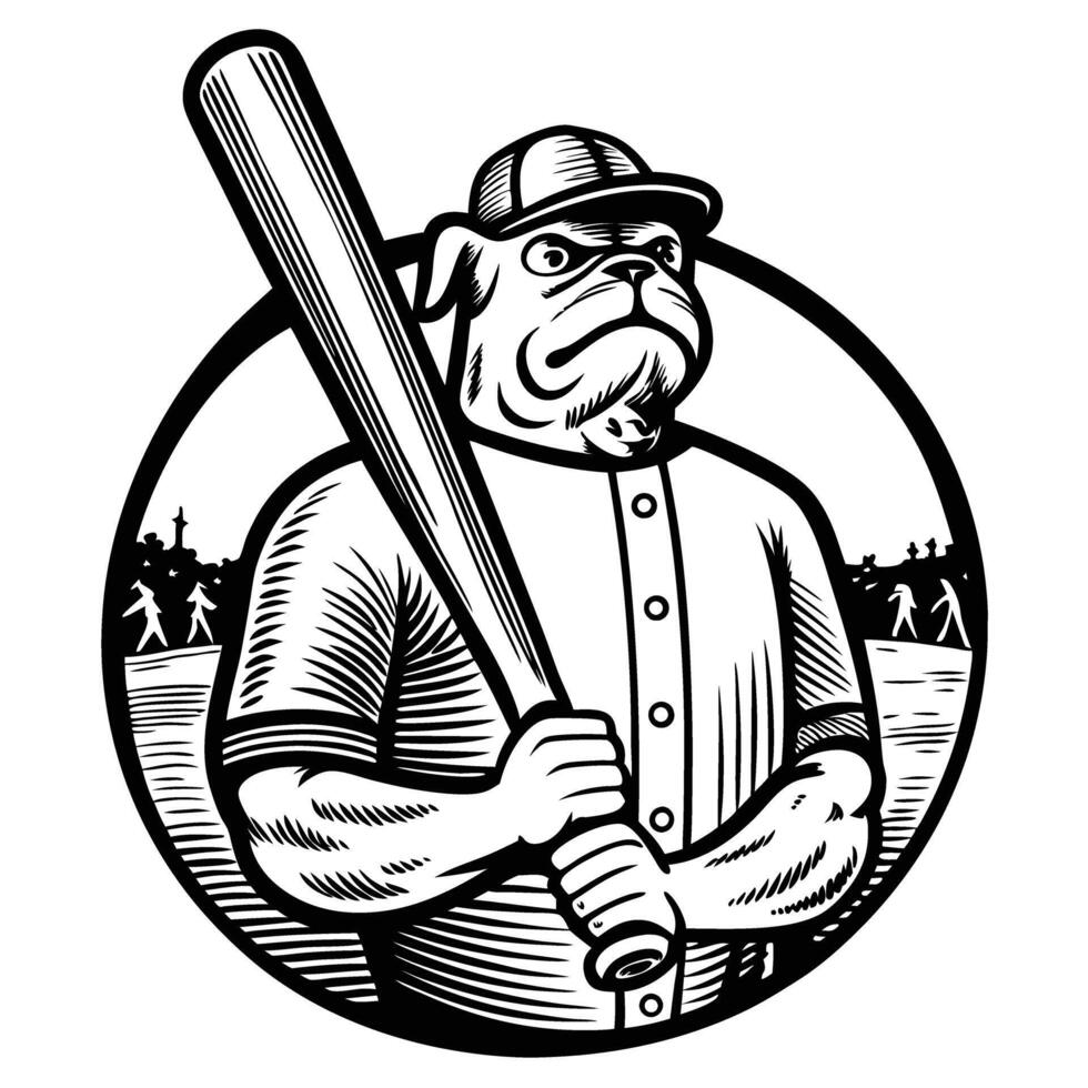 Anthropomorphic bulldog baseball player mascot, monochrome illustration vector