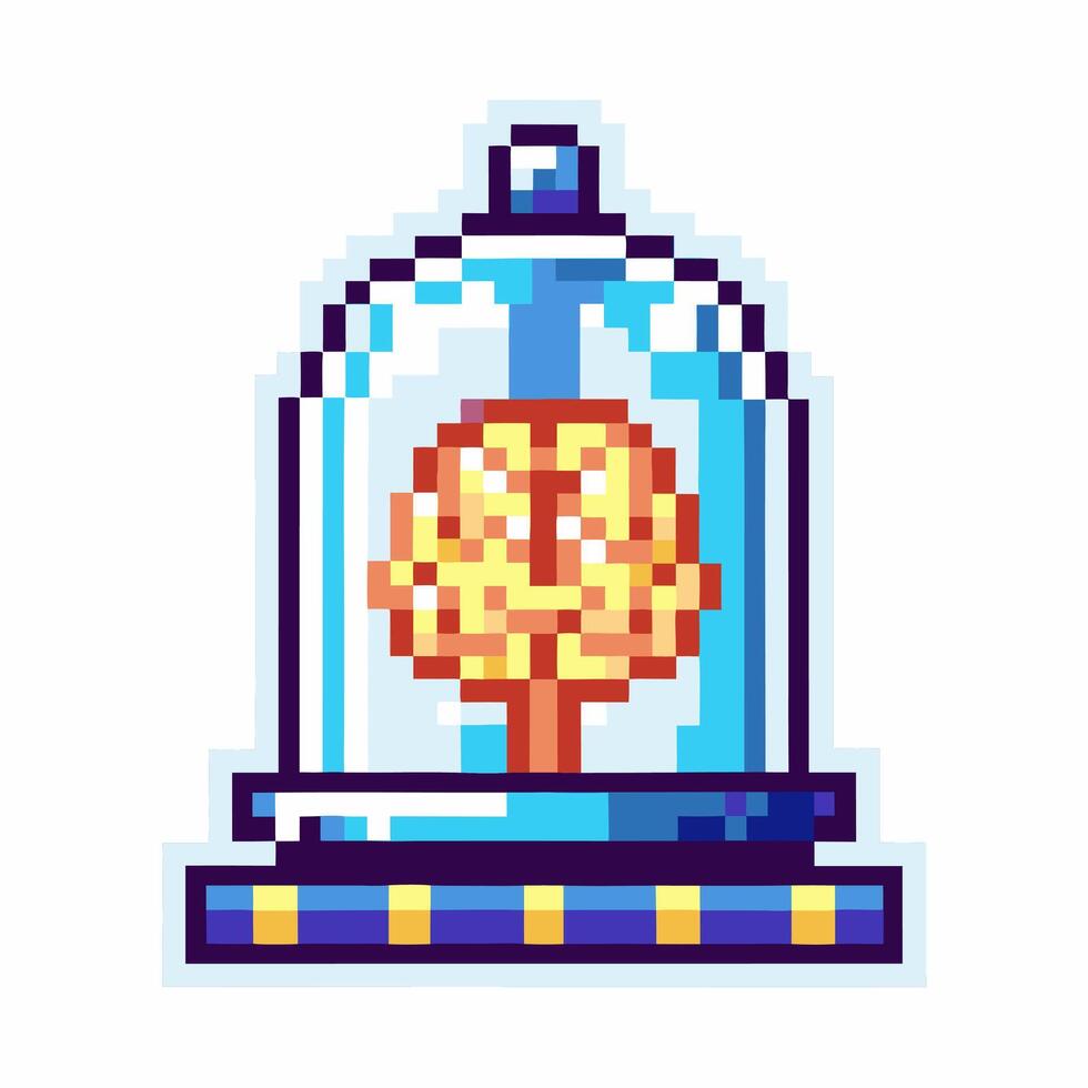 Pixel art brain in glass dome with blue and yellow base, digital retro design vector