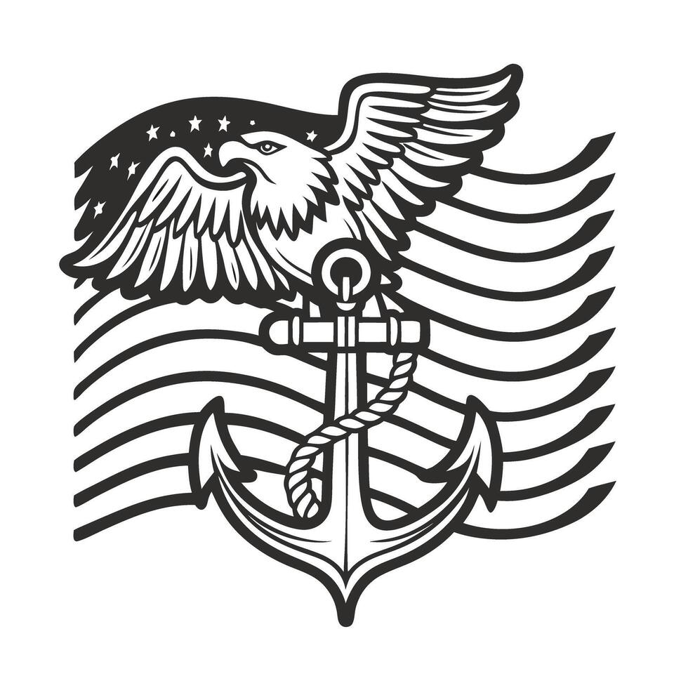 eagle perched on anchor with american flag background patriotic symbol of strength, freedom, and naval heritage vector