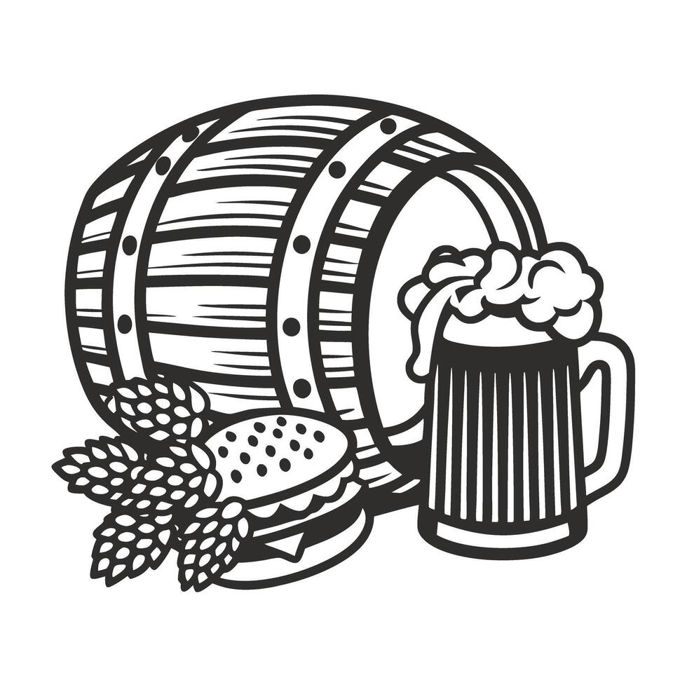 beer barrel with mug and hops classic brew illustration of ale, crafted beverage and traditional brewing vector